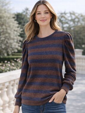 EVEREVE Adalynn Striped Top M NWT Brown Navy Pleated Sleeve Brushed Knit